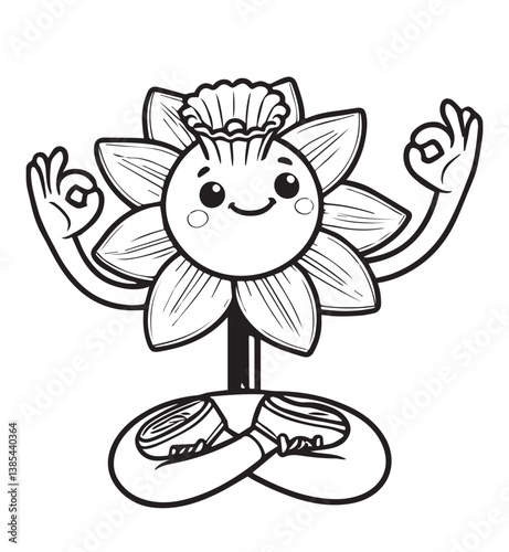 Coloring book daffodil in peaceful meditation. A blooming blossom finding its inner tranquility with gentle 