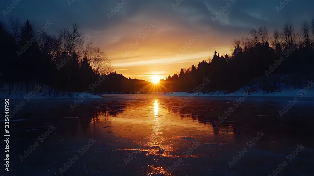 Fototapeta premium A spectacular fireworks show reflecting on a frozen lake creating a magical winter atmosphere