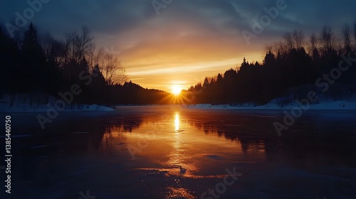 A spectacular fireworks show reflecting on a frozen lake creating a magical winter atmosphere