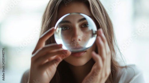 Caucasian young female holding glass sphere with focused expression