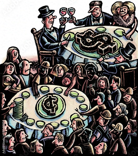 a few wealthy diners share a large dollar cake, while many poor people share small cent cake