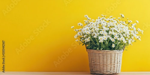 White daisy flowers in a wicker basket against a bright yellow background