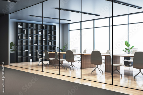 Obraz na płótnie Modern corporate office meeting room with glass partition and city view in background, showing clean workspace with wooden floor and shelves. 3D Rendering w salonie