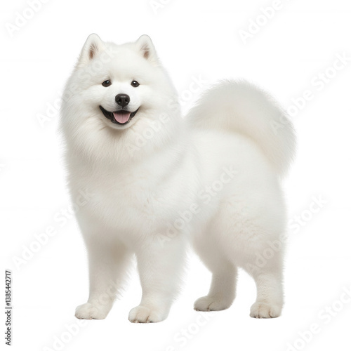 Wallpaper Mural A fluffy white Samoyed dog standing proudly, looking friendly with a joyful expression. The dog has a thick coat and a bushy tail, showcasing its playful and adorable nature. Torontodigital.ca