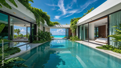 Luxurious Tropical Villa With Swimming Pool And Ocean View On Sunny Day