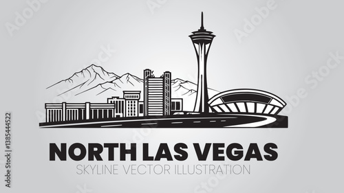 North Las Vegas skyline silhouette on a white background, incorporating the Las Vegas Motor Speedway, Aliante Casino, and mountain backdrop.