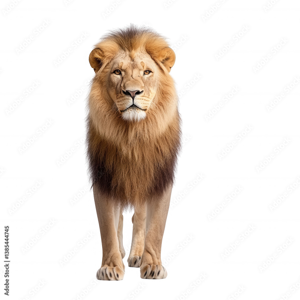 A majestic lion standing confidently against a white isolated background, showcasing its powerful presence and lush mane.
