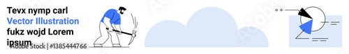 Man breaking data with pickaxe next to cloud as abstract background and analytic pie chart. Ideal for technology, data mining, artificial intelligence, cloud computing, innovation, trends, simple