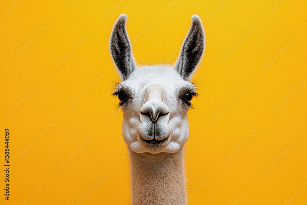 Obraz premium Studio photo of a white llama standing out against a bright orange backdrop. The contrast creates a bold and modern visual perfect for fun commercial use. 