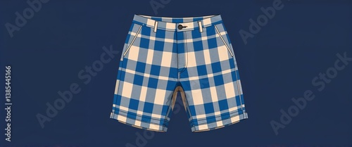 Plaid pattern in cobalt blue beige shorts in plain indigo background