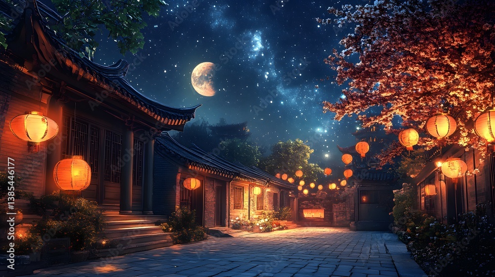 Chinese lanterns swaying in the wind in a historic courtyard under a starry night sky with a shining moon Chinese lanterns swaying in the wind in a historic courtyard under a starry night sky with a shining moon