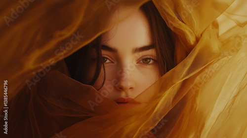 Close up portrait woman looking through sheer golden yellow fabric.