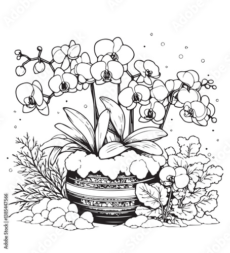 Coloring book Lush orchids overflow from a decorative container, a floral abundance.