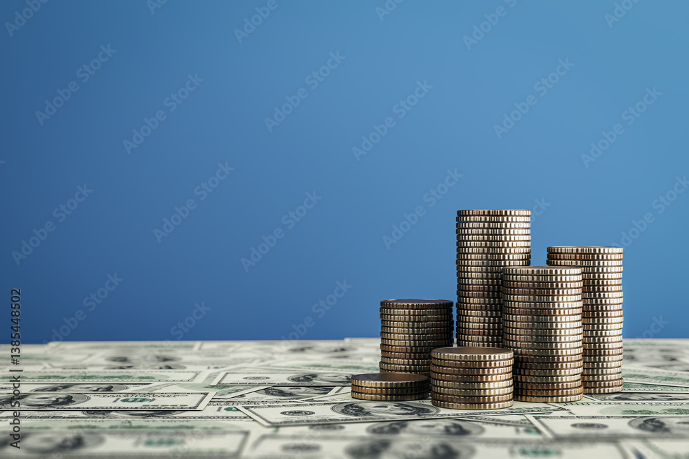 Φωτογραφία Stacks of golden coins on dollar bills with blue background symbolizing financial growth and wealth accumulation concept in business