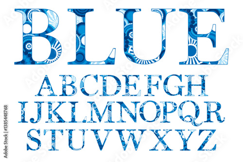 Masculine monogram letter set with a blue whimsical pattern isolated on white. Blue and white toned colored uppercase alphabet. Drop cap in blue pattern