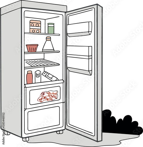Vector Art of Broken Refrigerator with Spoiled Food and Open Doors