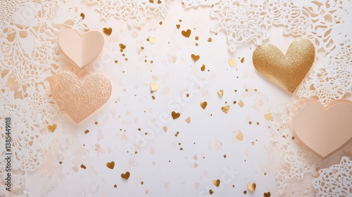 Elegant anniversary backdrop featuring textured paper hearts and gold confetti on lacey doilies