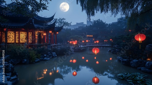 Wallpaper Mural A serene night in a traditional Chinese garden with glowing red lanterns and a full moon above Torontodigital.ca