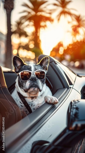 French bulldog wearing sunglasses looks out of a car window with sunset and palm trees as a backdrop. Use for travel, pet and summer campaigns related to vacation and adventure.