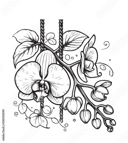 Coloring book orchids in a delicate dance, hanging in a whimsical, botanical reverie.