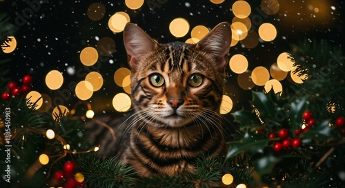 Bengal cat nestled in greenery with soft bokeh lights, holiday warmth. Christmas tree decoration. New year concept. Generative AI