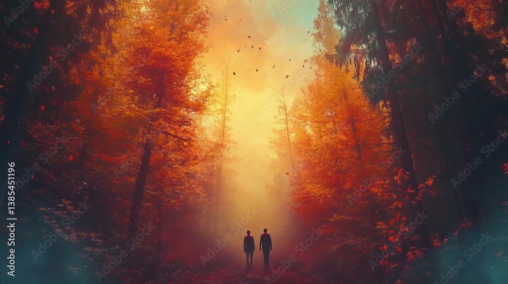 Fototapeta premium Autumn forest walk scenic landscape background wallpaper hd nature photography fall colors trees light path