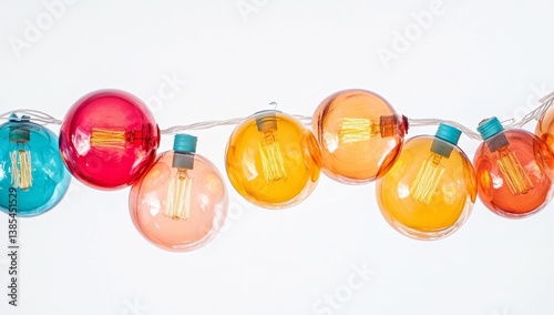 Colorful string lights with glass globes.  A festive and decorative string of lights featuring various colored glass spheres, each housing an Edison-style bulb.  The warm glow emanat