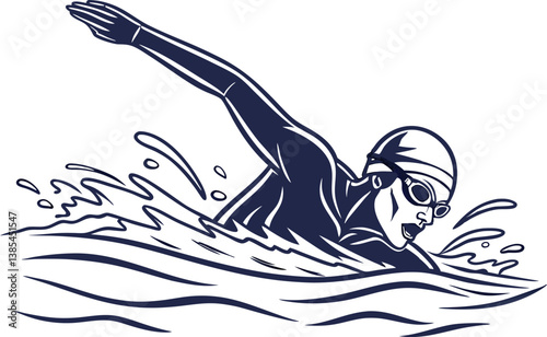 Vector Art of Triathlete Swimming with Goggles in Open Water