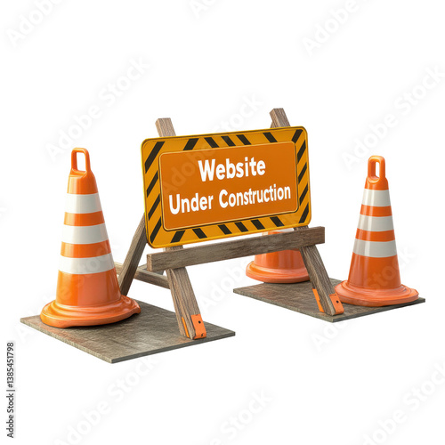 Website Under Construction Sign Traffic Cones Wooden Stand isolated on transparent background