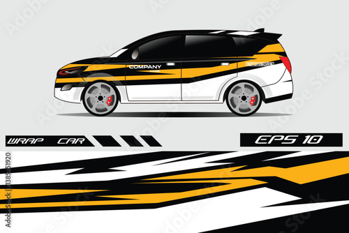 Stylishly Wrapped Car with Bold Stripes and Modern Design, Displaying Sleek Lines Against a Neutral Background