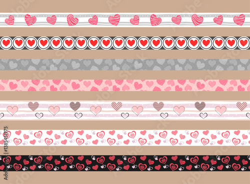 Ribbons with different hearts decor, isolated on a background. Collection of various horizontal edging with love theme. Vector set of seamless borders for valentine greeting card, wedding invitation