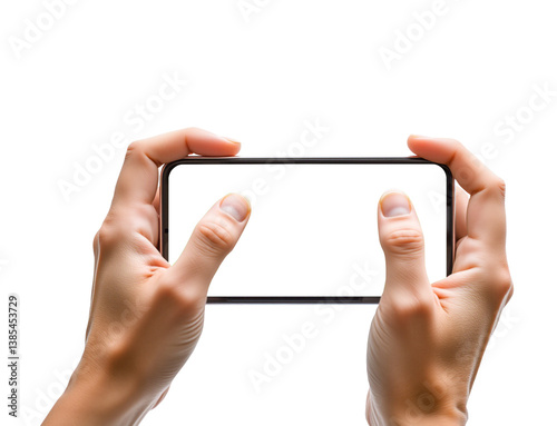 Pair of hands holding a black smartphone  on transparent background