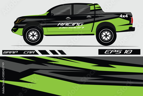 Stylish racing pickup truck wrap design featuring dynamic green and black graphics on a sleek vehicle