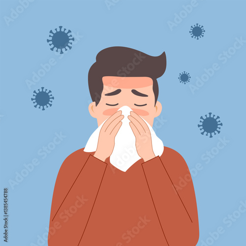Man is sick, has an itchy nose, has a cold and has a runny nose.Vector illustration isolated on white background.