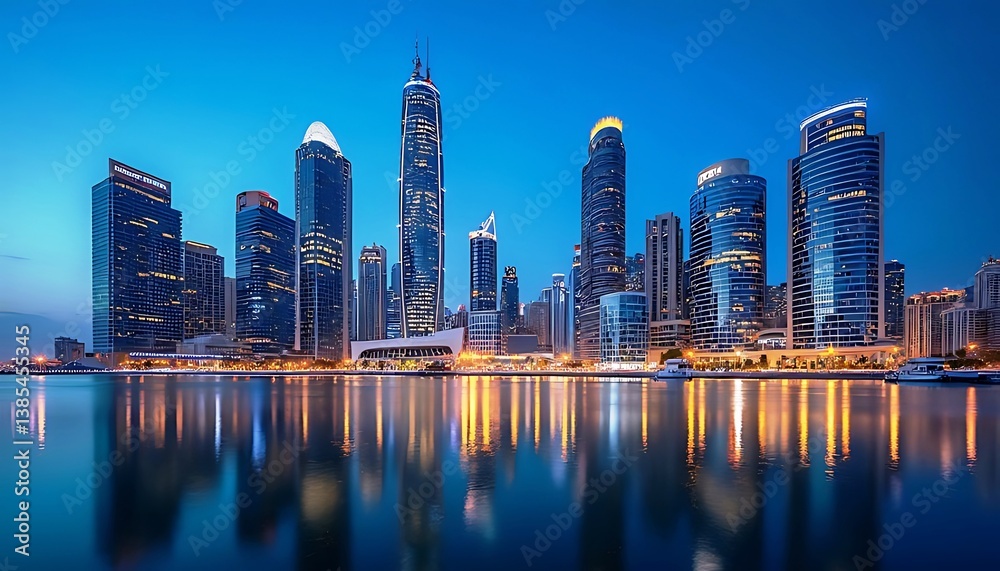 Obraz premium Magnificent skyline of a modern city, buildings reflecting on the water at dusk. The city is filled with contemporary architecture and glowing lights