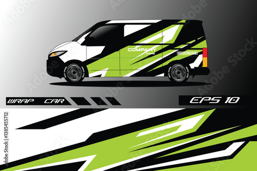 Stylish van wrap design featuring bold green and black geometric patterns, ideal for branding