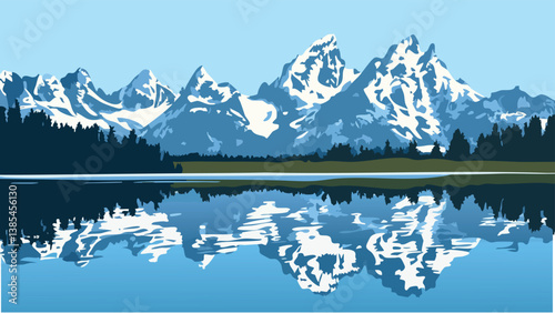 Grand Teton Wyoming with Majestic Peaks and Clear Water in Digital Drawing.eps