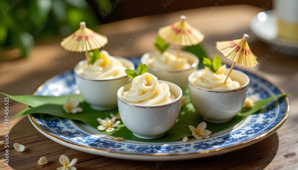 An elegant presentation of Khanom Tuay, miniature coconut milk custards in ceramic cups with a soft, jiggly top An elegant presentation of Khanom Tuay, miniature coconut milk custards in ceramic cups with a soft, jiggly top