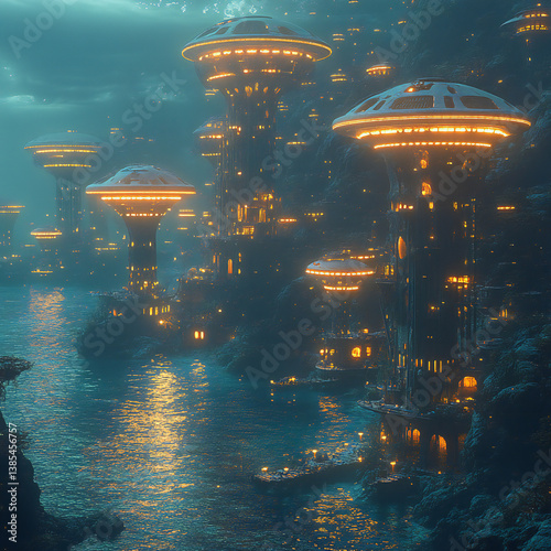 A futuristic underwater city with advanced technology and illuminated structures submerged beneath the ocean photo