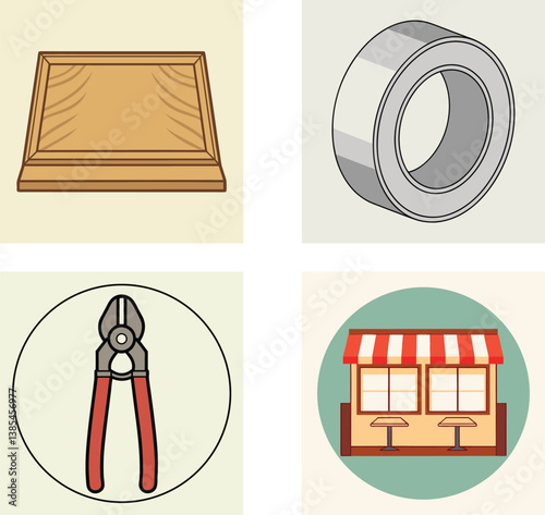 Flat vector icons, product design elements, woodworking tools, hardware supplies, store front illustration, cutting board, metal bearing, red pliers, shop facade, minimalist graphics, pastel color pal
