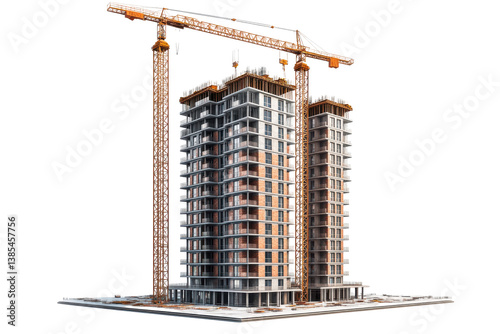 Modern highrise building under construction two cranes active site development, isolated on transparent background
