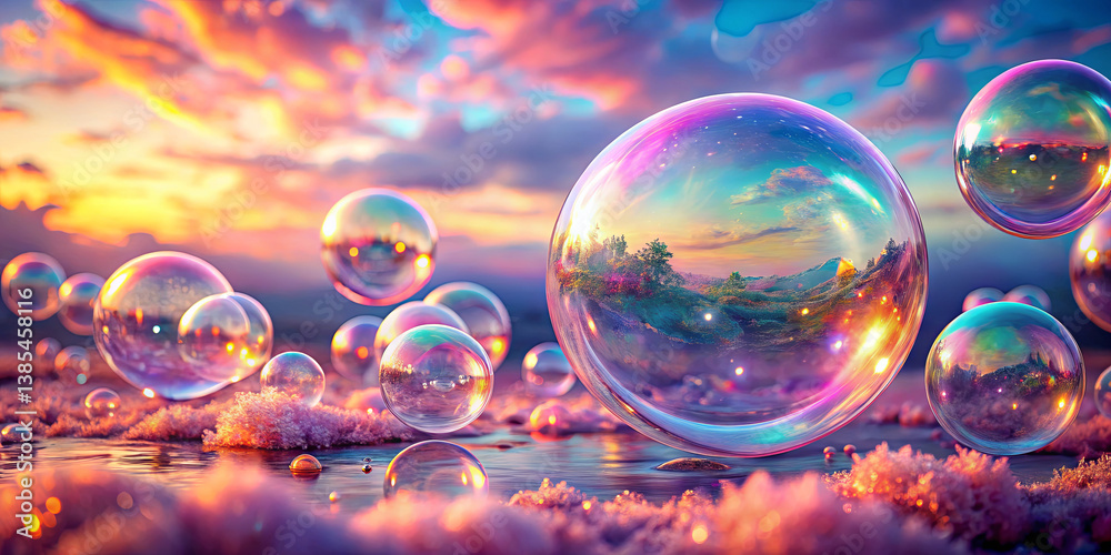 Bubbles float in the foreground, each reflecting the vibrant hues of a sunset over a tranquil landscape. Soft clouds and rippling water enhance the peaceful atmosphere of dusk Bubbles float in the foreground, each reflecting the vibrant hues of a sunset over a tranquil landscape. Soft clouds and rippling water enhance the peaceful atmosphere of dusk
