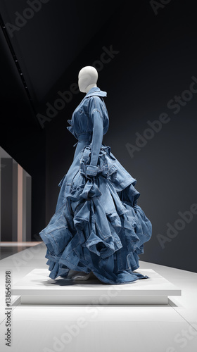 Ballgown made of deconstructed denim jackets, raw seams, on rotating pedestal in dark gallery. Ironic elegance meets DIY chaos. Generative AI