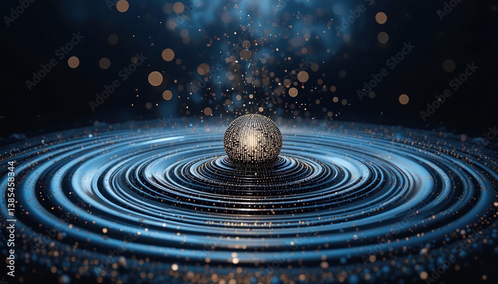 Fototapeta premium Dynamic ripple effect with glimmering sphere abstract digital art scene dark environment close-up view conceptual visualization