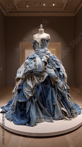 Ballgown made of deconstructed denim jackets, raw seams, on rotating pedestal in dark gallery. Ironic elegance meets DIY chaos. Generative AI