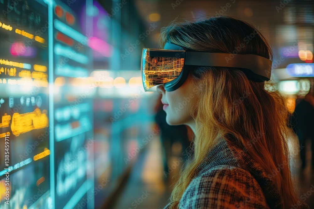 Young Woman Engaged with Virtual Reality Technology in Modern Space Young Woman Engaged with Virtual Reality Technology in Modern Space