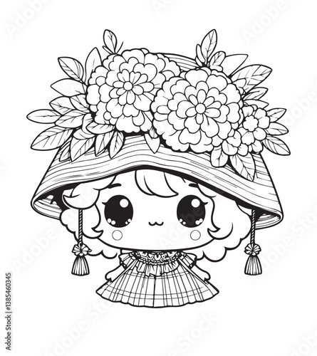 Coloring book girl character wearing a wide-brimmed hat lavishly decorated with three large marigold-like flowers and leaves