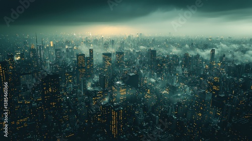 Wallpaper Mural Cityscape Dense city glows softly under a misty, dramatic sky; aerial view Torontodigital.ca