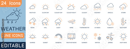 Weather line icons set with symbols for forecast, temperature, rain, snow, storm, UV index, wind, humidity, and seasons. Editable vector for weather apps, reports, and digital interfaces.