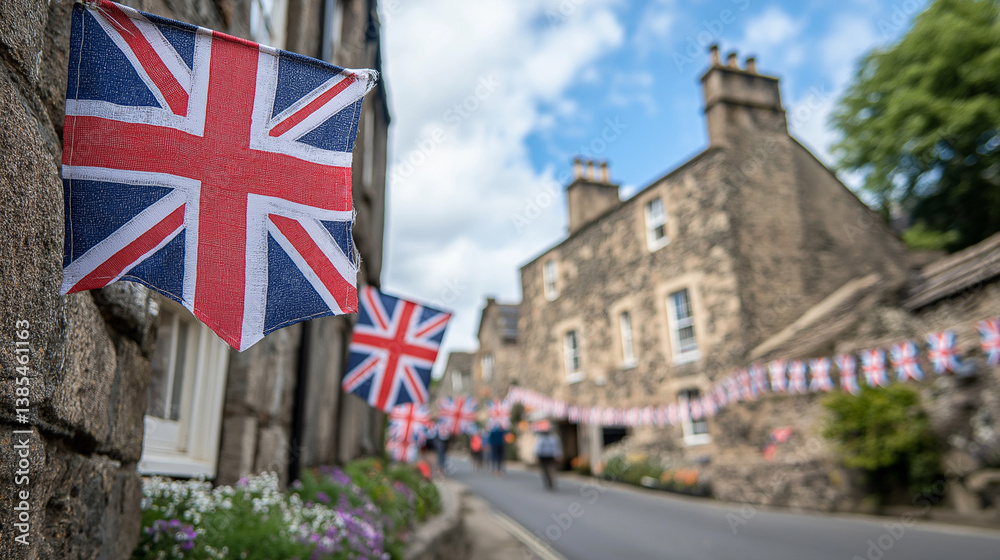Fototapeta premium Traditional village fair during Summer Bank Holiday in England, colorful bunting, local stalls, smiling people, vintage British charm 